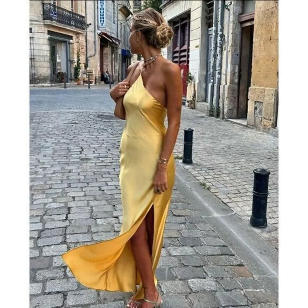 Commense Moonlight Open Back‎ Satin Slit Long Dress Size Large
